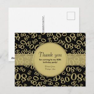 Danke: 80. Schwarz/Gold Geburtstags Zahlenmuster Postkarte