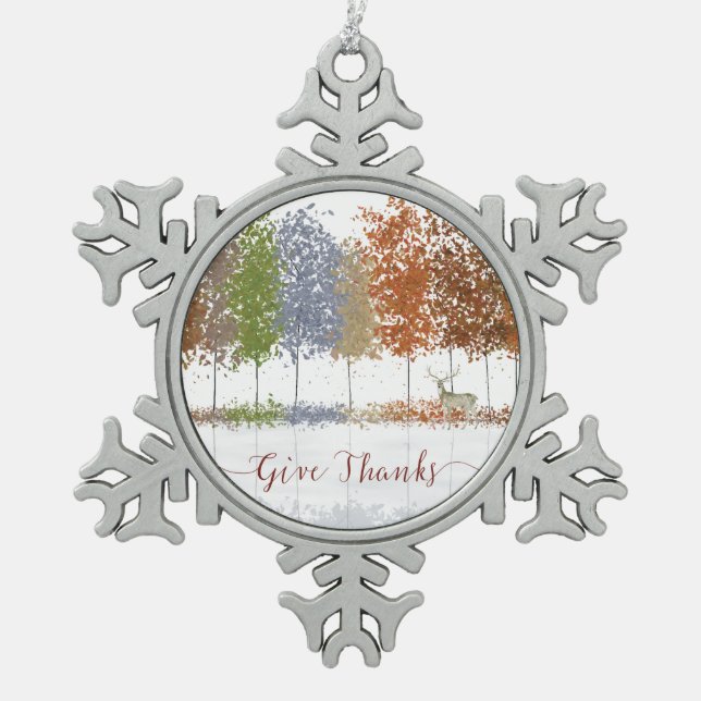 Danke an Erntedank Bäume und einsamen Hirsch Schneeflocken Zinn-Ornament (Vorderseite)