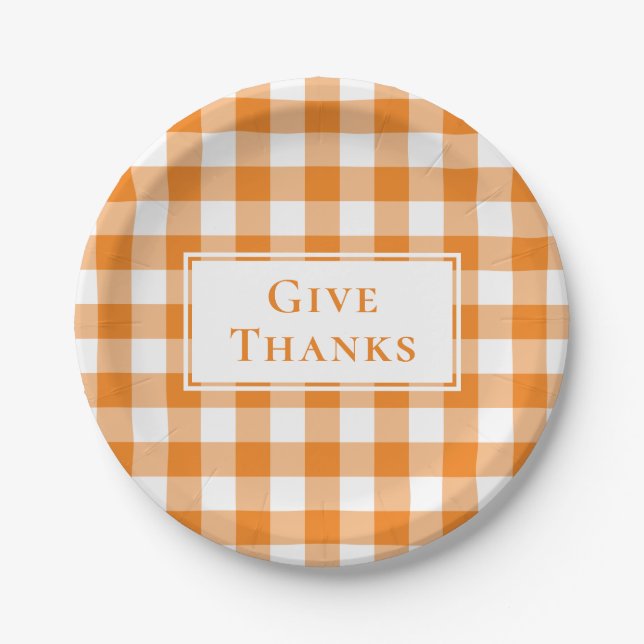 Danke an Orange Gingham Kariert Erntedank Pappteller (Vorderseite)