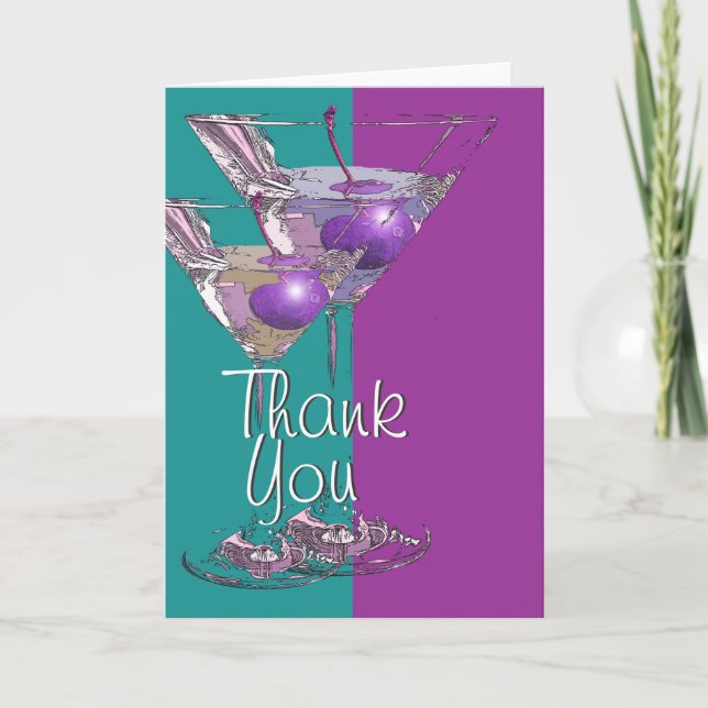 "Danke" aquamarines lila Martini-Cocktail Dankeskarte (Vorderseite)
