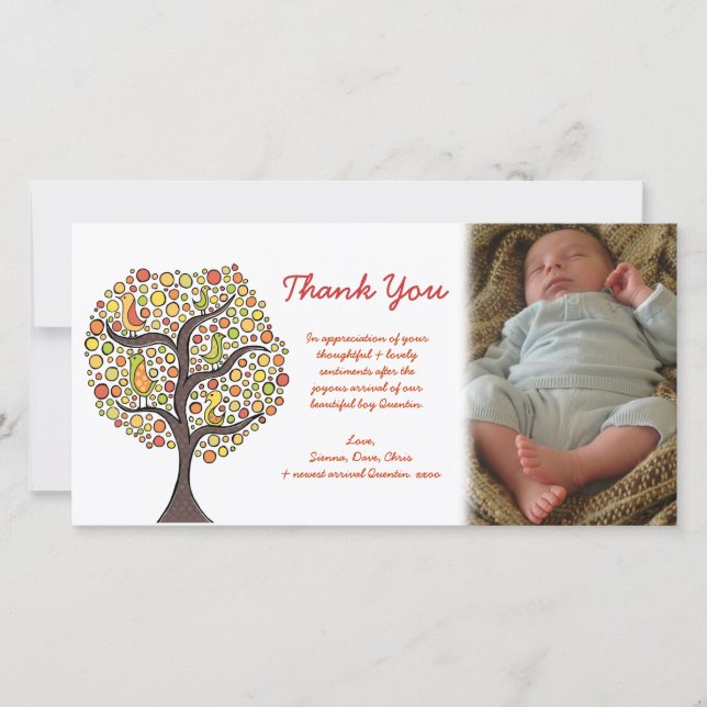 Danke Autumn Bird Tree New Baby Gift Fotokarte (Vorderseite)