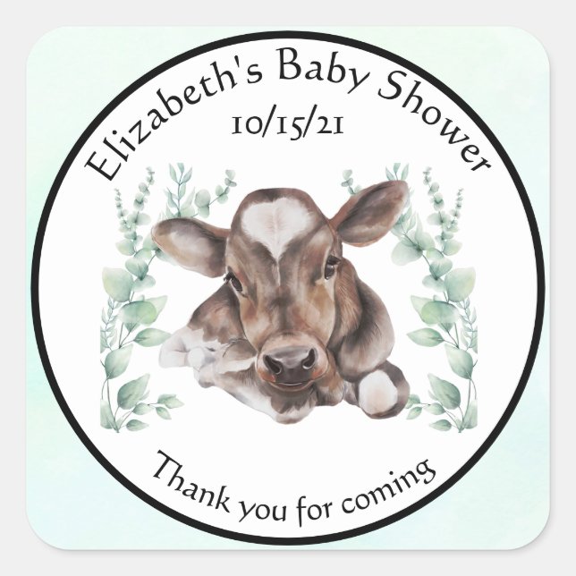 Danke Baby Dusche Baby Cow Calf Eucalyptus Quadratischer Aufkleber (Vorderseite)