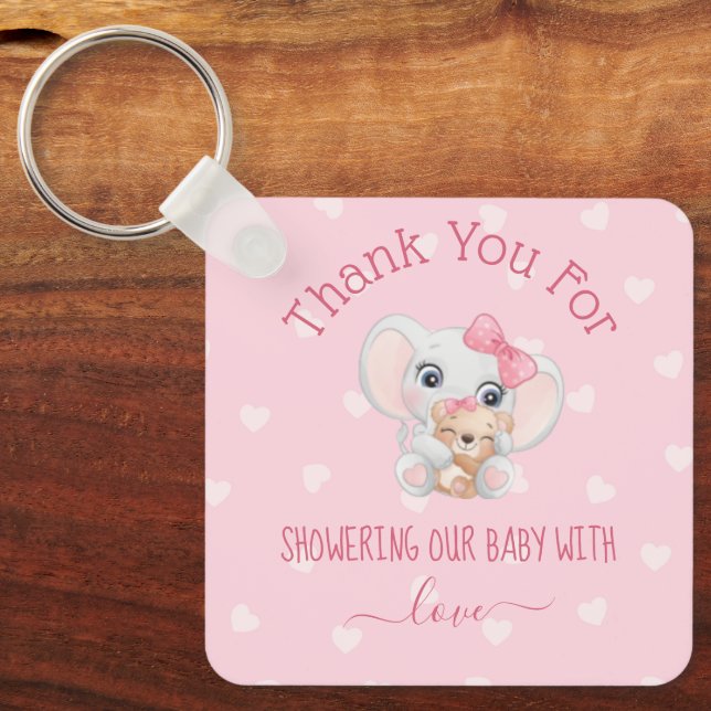 Danke, Baby Dusche Mädchen rosa Herzen Elefant Schlüsselanhänger (Vorderseite)