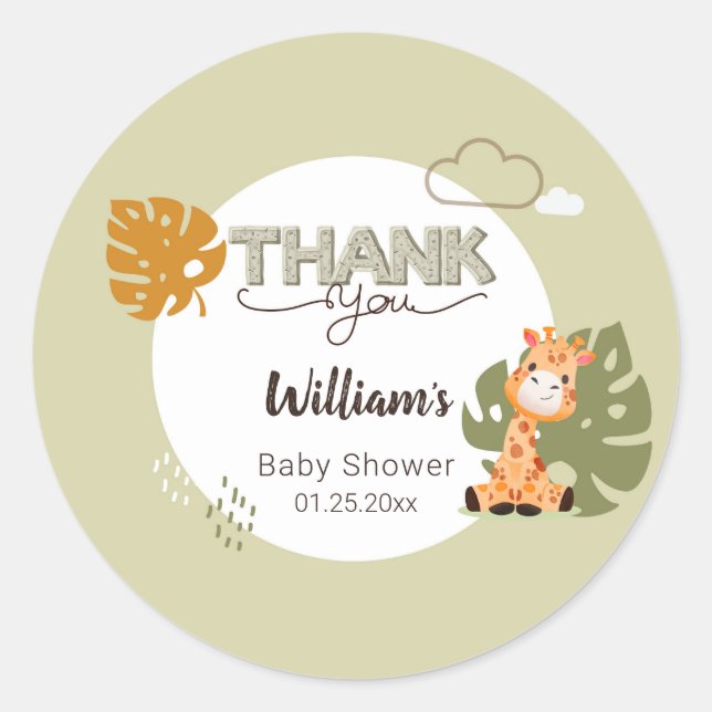 Danke, Baby Giraffe, Einladung zur Kinderdusche Runder Aufkleber (Vorderseite)
