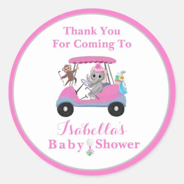 Danke Baby Girl Golfing Elephant & Monkey Runder Aufkleber (Vorderseite)
