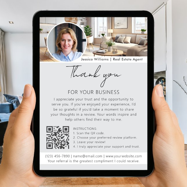 Danke Bewertungsanfrage mit QR-Code-Foto Grau Karte (Von Creator hochgeladen)