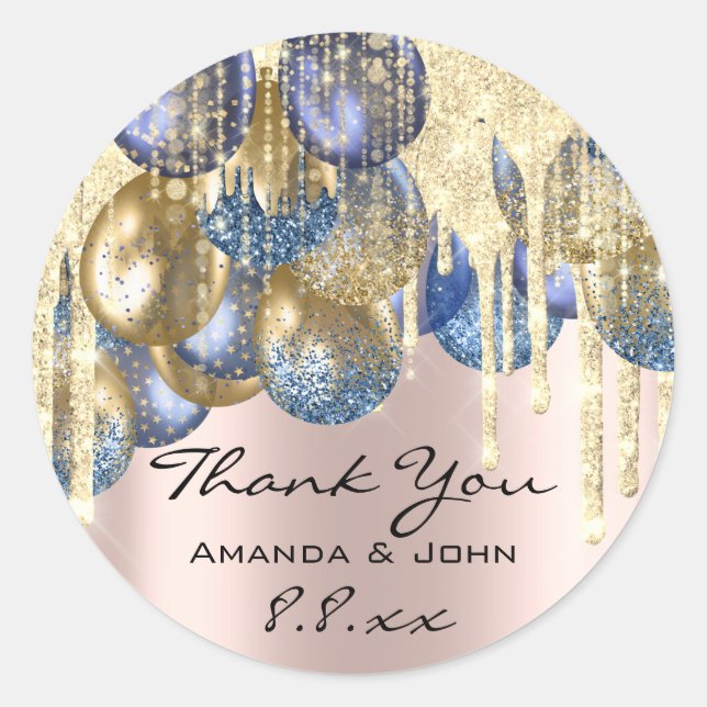 Danke BirthdaWedding Ballon Blue Navy Tropfen Rose Runder Aufkleber (Vorderseite)