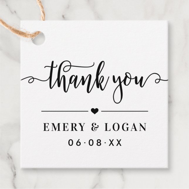 Danke, Black Script Wedding Monogram Geschenkanhänger (Vorderseite)