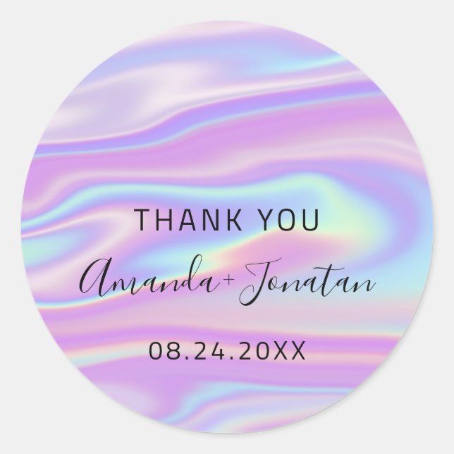 Danke Blush Name Date Schwarz-weiß Holographic Runder Aufkleber (Vorderseite)