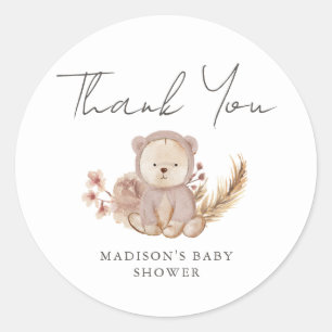 Danke Boho Botanical Süßer Bär Baby Shower Runder Aufkleber