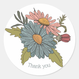 Danke Boho Retro Vintage Gänseblümchen rosa blau Runder Aufkleber