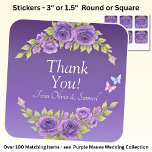 Danke! Braut, Groom-Namen Lila Mauve-Blume Quadratischer Aufkleber<br><div class="desc">Danke! Von Bride & Groom Names</div>