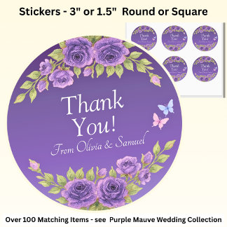 Danke! Braut, Groom-Namen Lila Mauve-Blume Runder Aufkleber