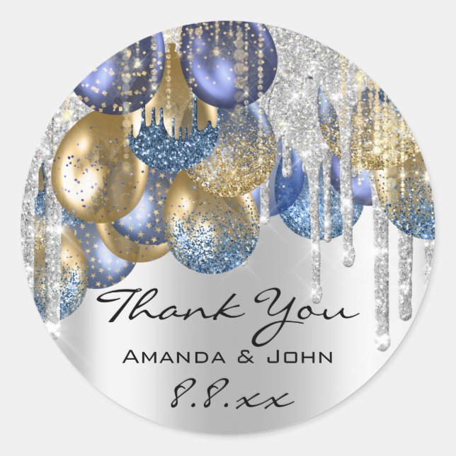 Danke Bridal Wedding Ballon Blue Navy Tropfen Silv Runder Aufkleber (Vorderseite)