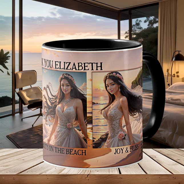 Danke Bridesmaid Foto Beach Wedding Kaffeetasse (Bridesmaid Thank You wedding favor mug featuring custom photos on a painting of the beach)