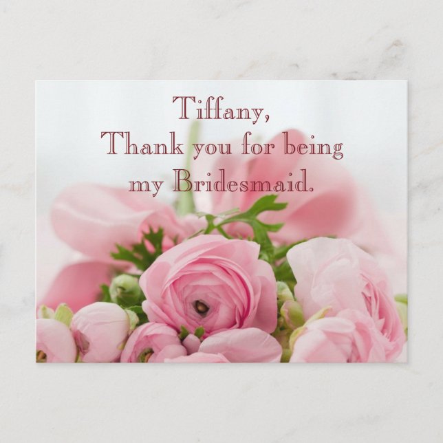Danke Bridesmaid Pink Roses Postkarte (Vorderseite)