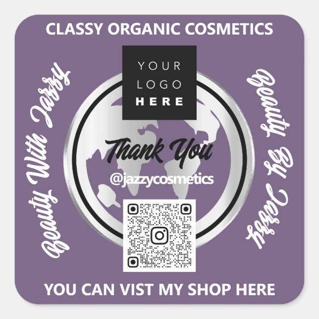 Danke Business QRCode Logo Silver Map Globe Lila Quadratischer Aufkleber (Vorderseite)