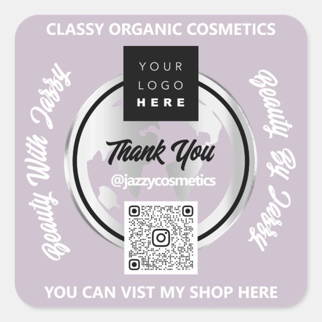 Danke Business QRCode Logo Silver Map Globe Lila Quadratischer Aufkleber (Vorderseite)