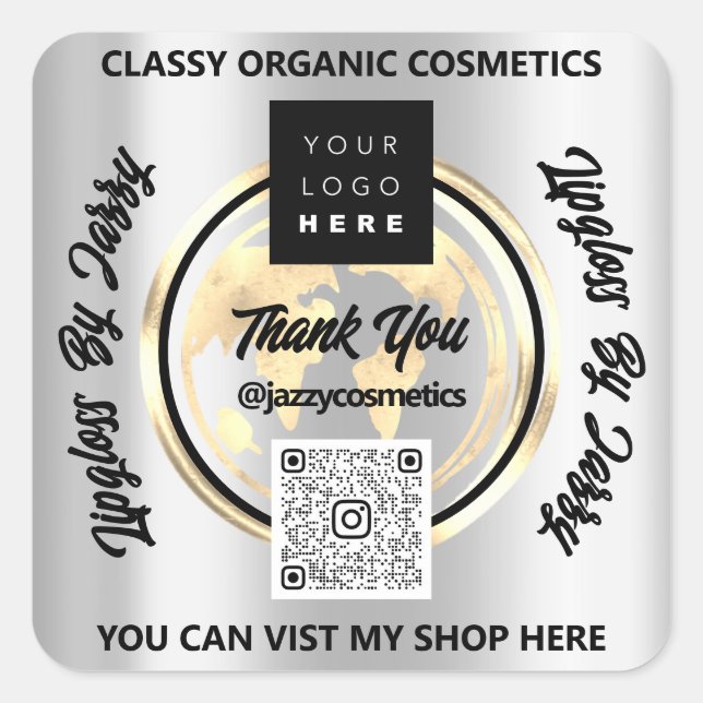 Danke Business QRCode Logo World Earth GlobeSilver Quadratischer Aufkleber (Vorderseite)