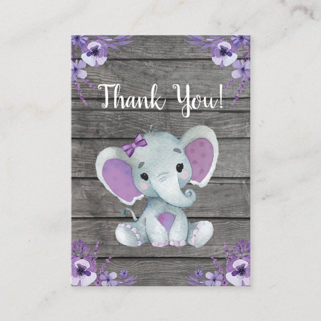 Danke Card Girl Elephant Dusche Lila rustikal Begleitkarte (Vorderseite)