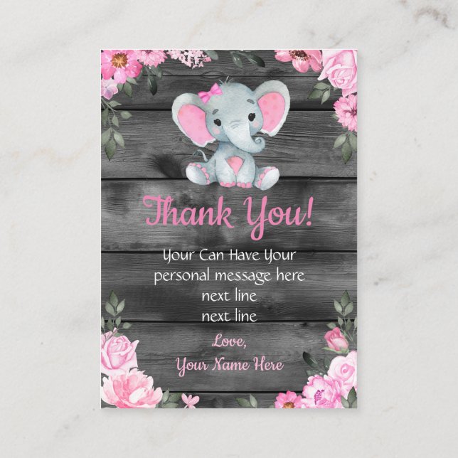 Danke Card Girl Elephant Dusche Rosa Rustikal Begleitkarte (Rückseite)