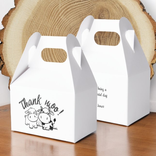 Danke, Cow Themed Wedding Geschenkschachtel (Thank You Cow Themed Wedding Favor Boxes from Ricaso with cute cattle couple and thank 'moo' text)
