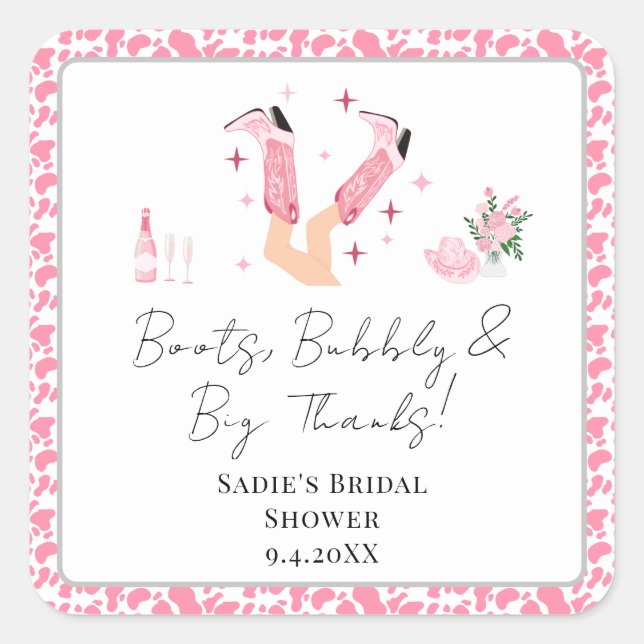 Danke Cowboy Boots & Bubbly Brautparty Quadratischer Aufkleber (Vorderseite)