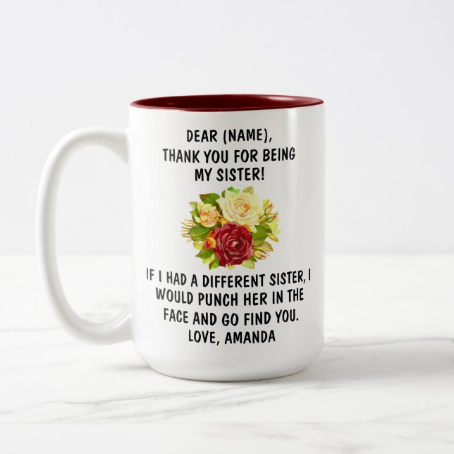 Danke, dass du meine Schwester Tasse, Familiengesc Zweifarbige Tasse (Links)
