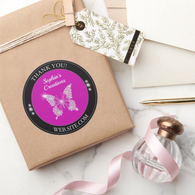 Danke, Diamond Butterfly, Black & Fuchsia Runder Aufkleber (Schenken)