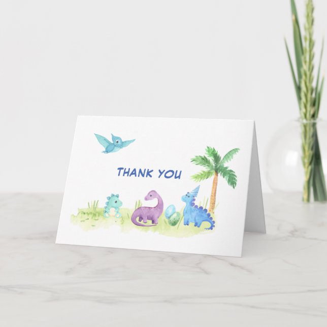 Danke Dinosaur Niedlich Watercolor Baby Dusche Karte (Vorderseite)