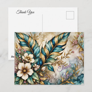 DANKE DIR! Blaugrüne Blätter, rosa Blumen auf Gold Postkarte