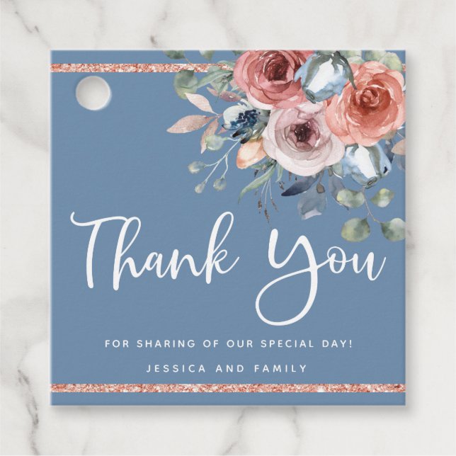 Danke, Dusty Blue und Blush Pink Floral Geschenkanhänger (Vorderseite)