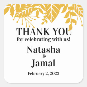 Danke! Elegant Mustard Yellow Blätter Wedding Quadratischer Aufkleber