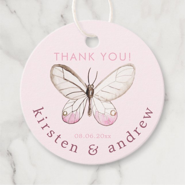 Danke! Elegante Blush Pink Butterfly Hochzeit Geschenkanhänger (Vorderseite)