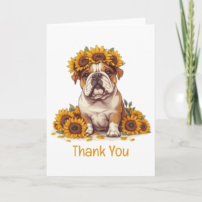 Danke, English Bulldog Sunflower Crown Dankeskarte (Vorderseite)