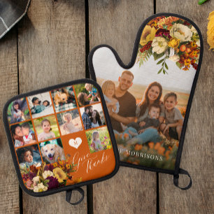 Danke fallen florale Collage Familie Foto Ofenhandschuh & Topflappen-Set