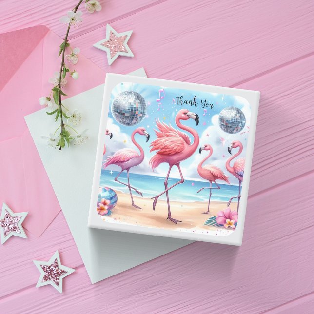 Danke Flamingo Beach Party Quadratischer Aufkleber (Von Creator hochgeladen)