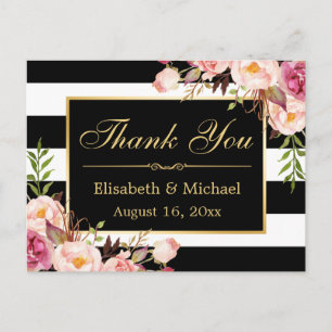 Danke - Floral Schwarz Weiß Streifen Goldrahmen Postkarte