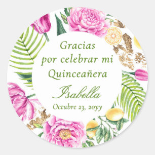 Danke Florale rosa Pfingstrosen spanische Quinceañ Runder Aufkleber