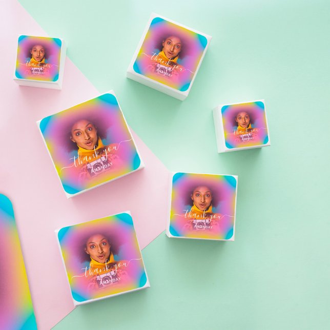 Danke Foto Blue Pink Holograph Birthday Gefallen Quadratischer Aufkleber (Thank Photo Blue Pink Holograph Birthday Favor Square Sticker)