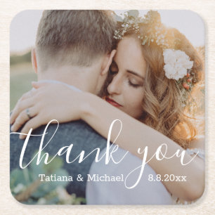 Danke, Foto für die Hochzeit von weißer Kalligrafi Rechteckiger Pappuntersetzer