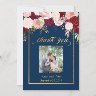Danke Foto Hochzeit Floral Navy Burgundrot Gold