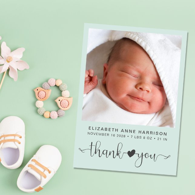 Danke Foto Mint Green Birth Ankündigung (A beautiful and unique way to thank family and friends and introduce them to your precious baby)
