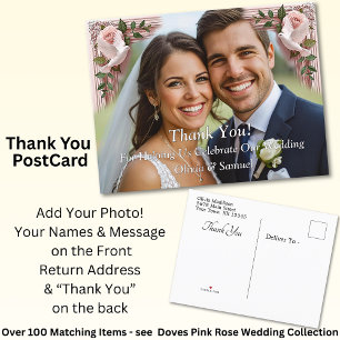 Danke - Foto mit rosa Rosen und Tauben Hochzeit Ankündigungspostkarte