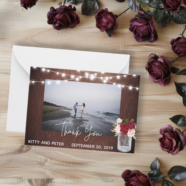 Danke Foto Wedding Wood Burgundy Mason Jar Mitteilungskarte (Von Creator hochgeladen)