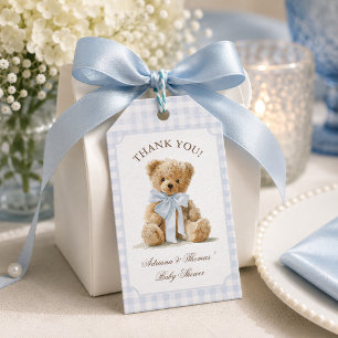 Danke für die Bären Blau Gingham Jungen Babyparty Geschenkanhänger