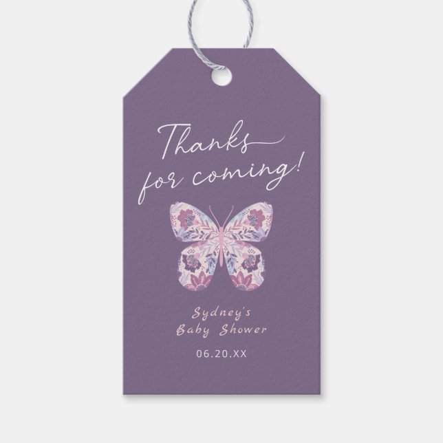 Danke für die Lila Butterfly Baby Dusche Geschenkanhänger (Vorderseite)