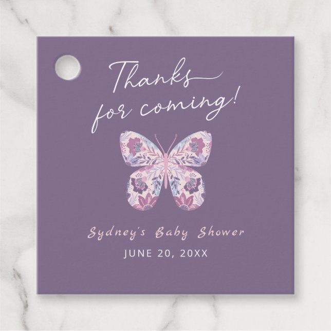 Danke für die Lila Butterfly Baby Dusche Geschenkanhänger (Vorderseite)
