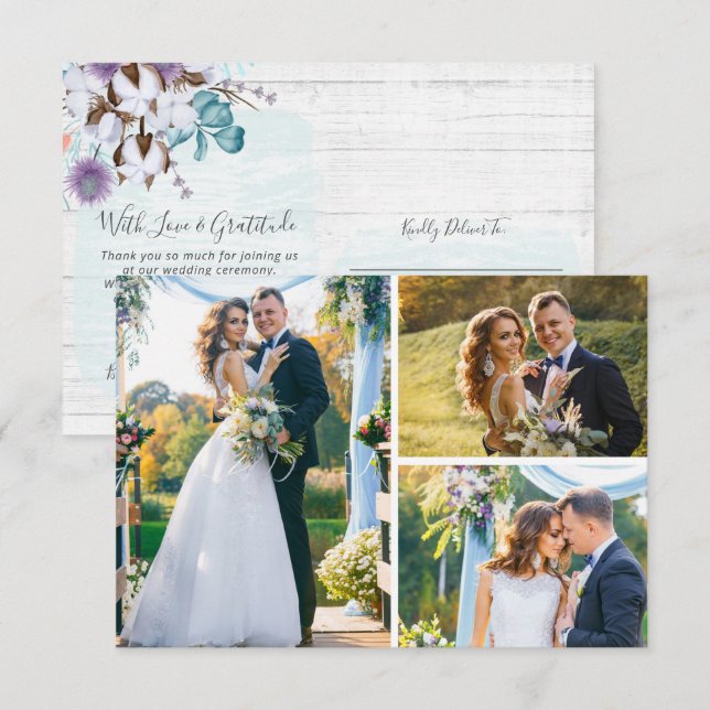 Danke für die Southern Cotton 3-Foto Wedding Card Einladung (Vorne/Hinten)