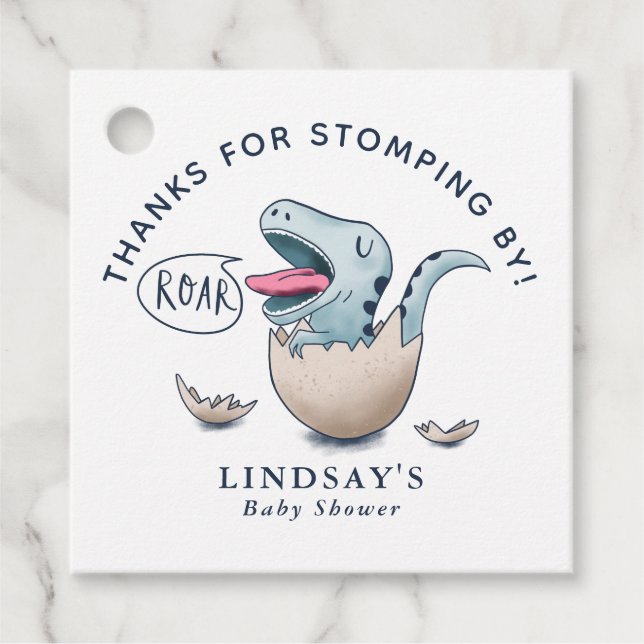 Danke für Stompby Blue Dinosaur Babydusche Geschenkanhänger (Vorderseite)